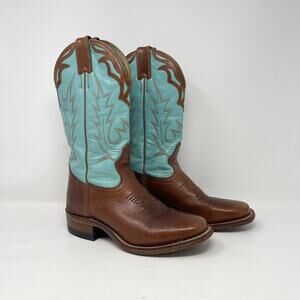 Boulet Western Boot Womens 6 Turquoise Antique Tan Leather Square Toe 9.5”